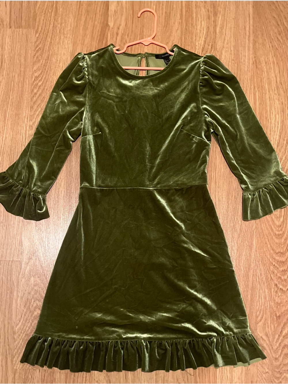 Forever 21 Olive Green Velvet Ruffle-Hem Dress